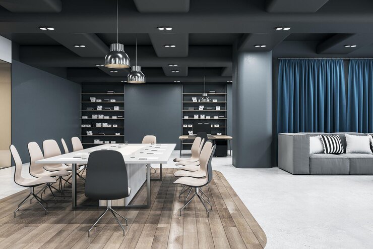 side-view-big-white-conference-table-surrounded-by-modern-chairs-wooden-floor-island-spacious-office-with-dark-walls-blue-curtain-glossy-concrete-floor-grey-sofa-3d-rendering_670147-1203